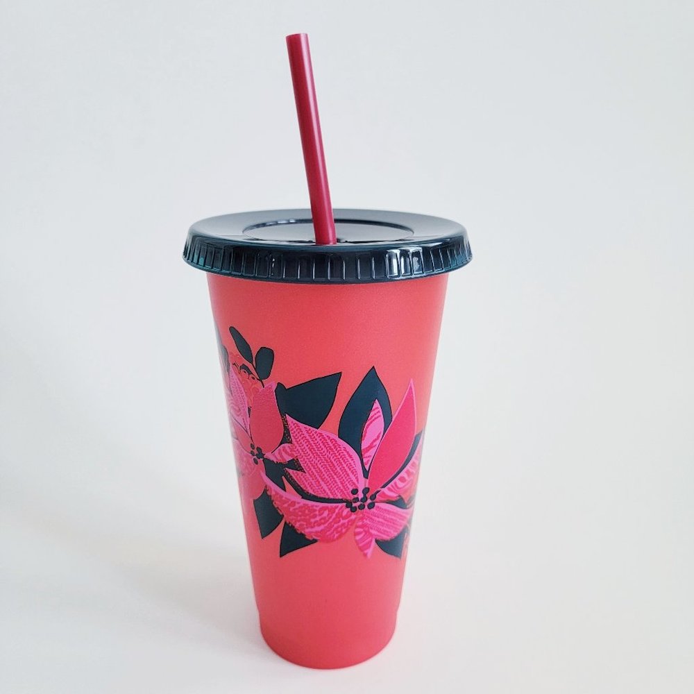 Starbucks 24oz Reusable Cold Cup With Straw Lid Holiday Christmas Red Poinsettia